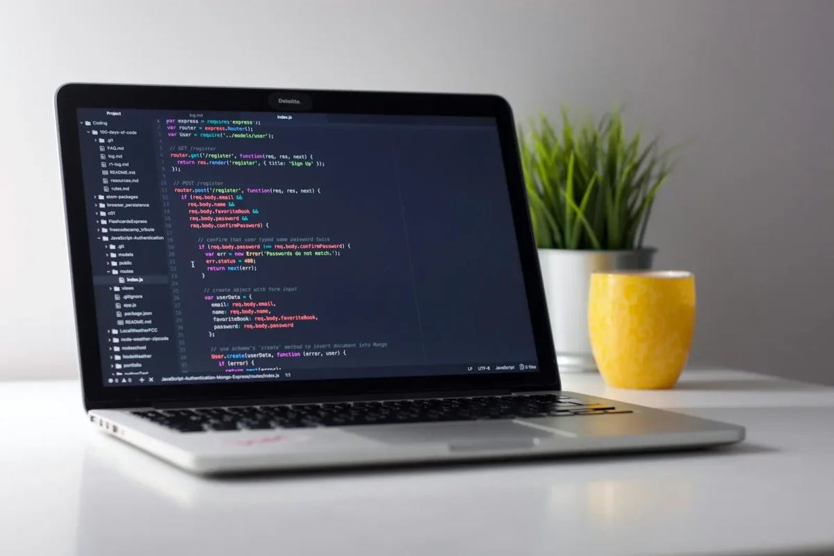 Computador portátil con código en la pantalla